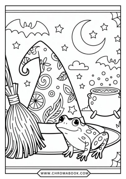 A whimsical witch's hat surrounded by stars and swirls, perfect for a creative touch. Free printable coloring page for all ages!