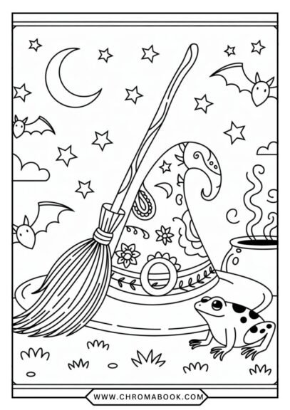 A whimsical witch's hat adorned with intricate patterns and stars, perfect for a creative touch. Free printable coloring page!